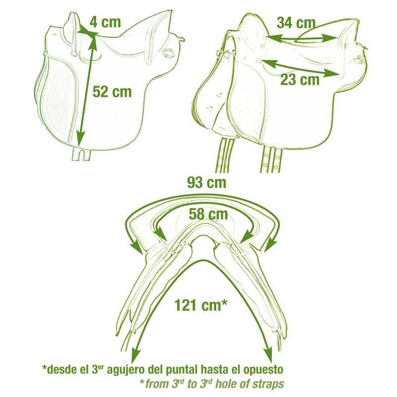Sela de cavalo com medidas indicadas em centímetros e texto explicativo em verde