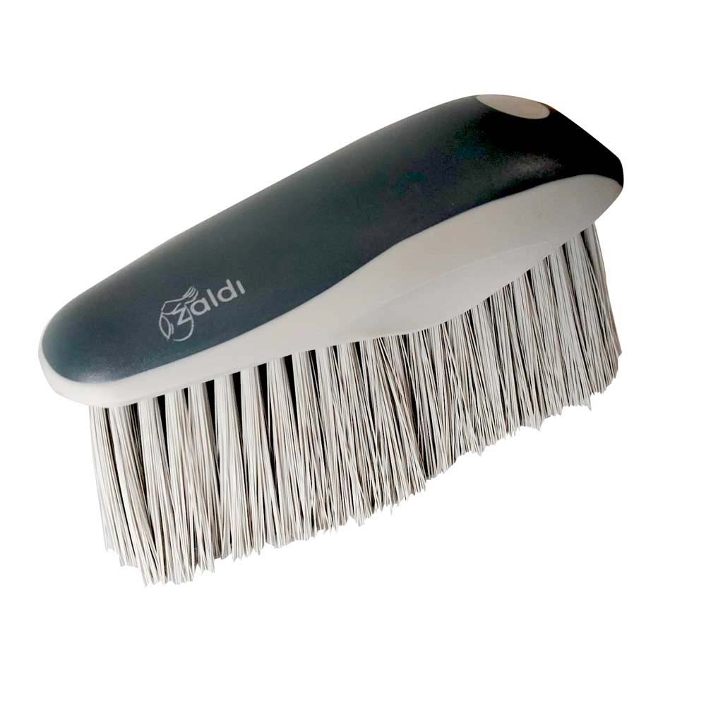 Escova de limpeza com cabo cinza e branco e cerdas brancas