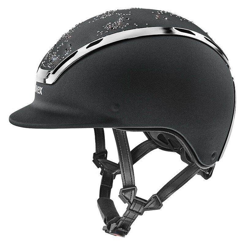 Capacete de equitação preto com detalhes prateados e visor curto