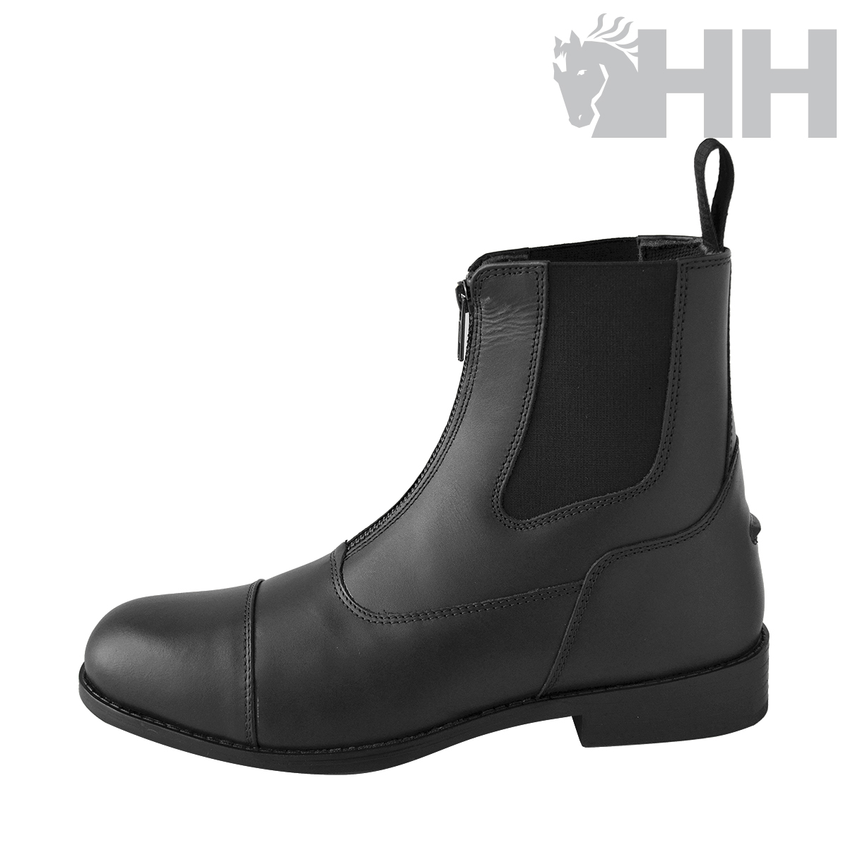 Botim preto de couro com fecho frontal e detalhe elástico