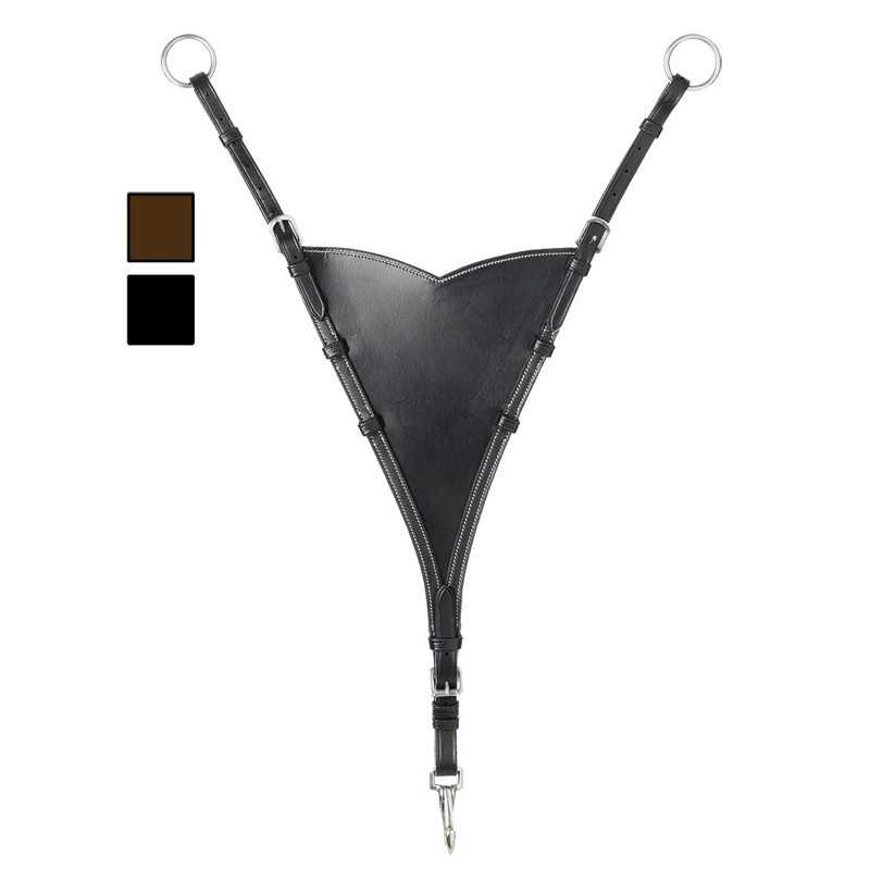 Arnês preto em forma de V com argolas metálicas e costuras visíveis