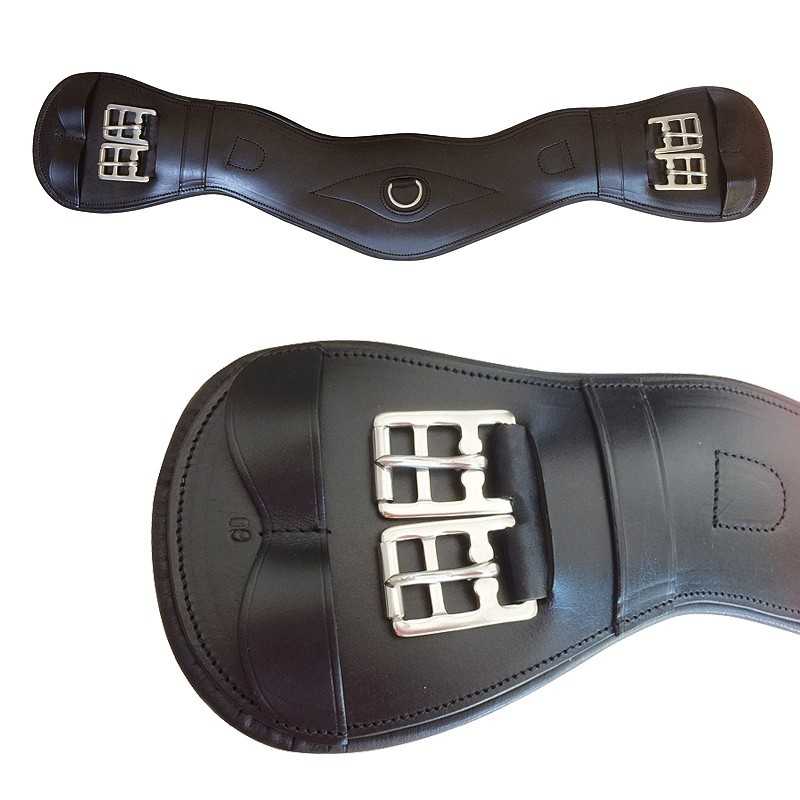 Cincha de equitação em couro preto com fivelas metálicas prateadas