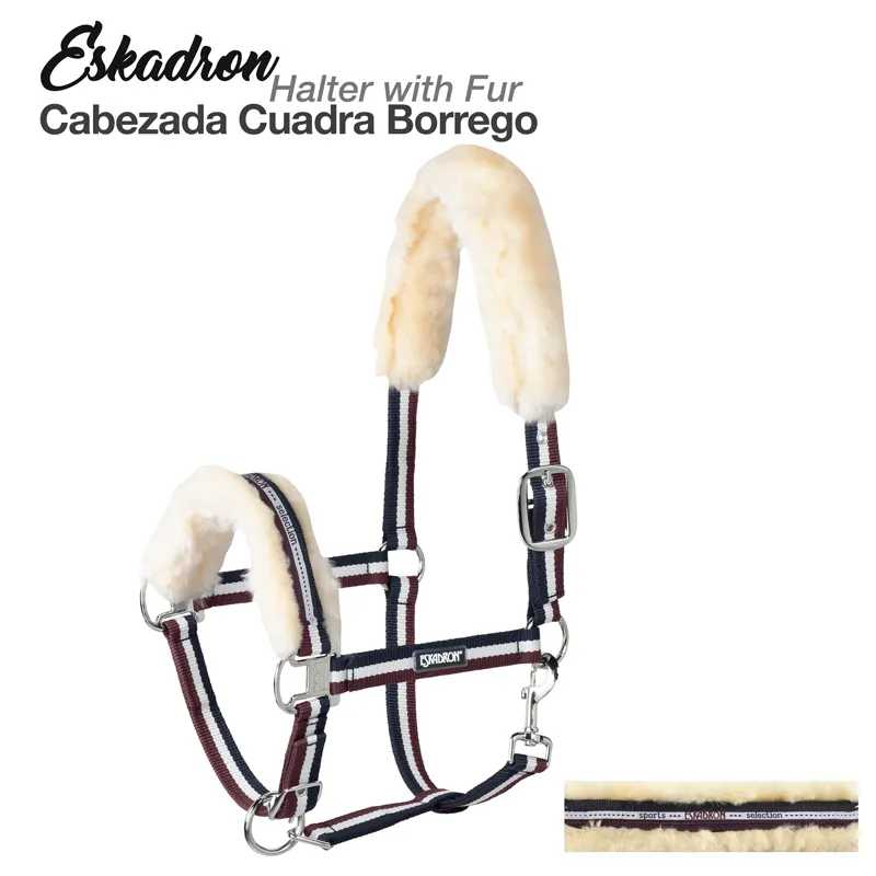 Cabeçada para cavalo Eskadron Cuadra Borrego com pelúcia bege e fita listrada azul, branco e vermelho