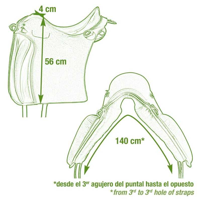 Sela equestre clara com medidas em verde e texto explicativo