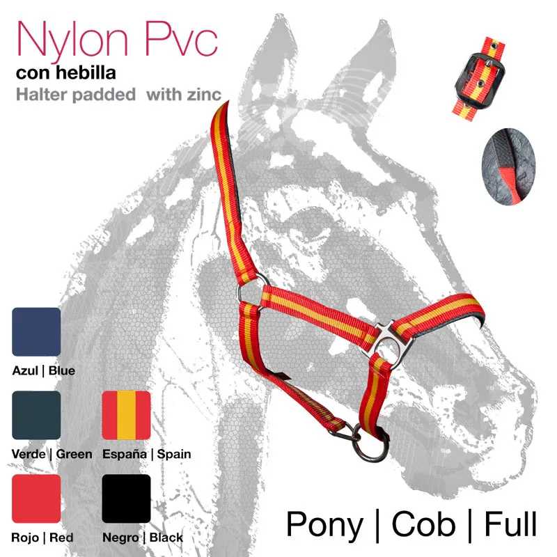 Cabresto para cavalo em nylon vermelho e amarelo com fivela