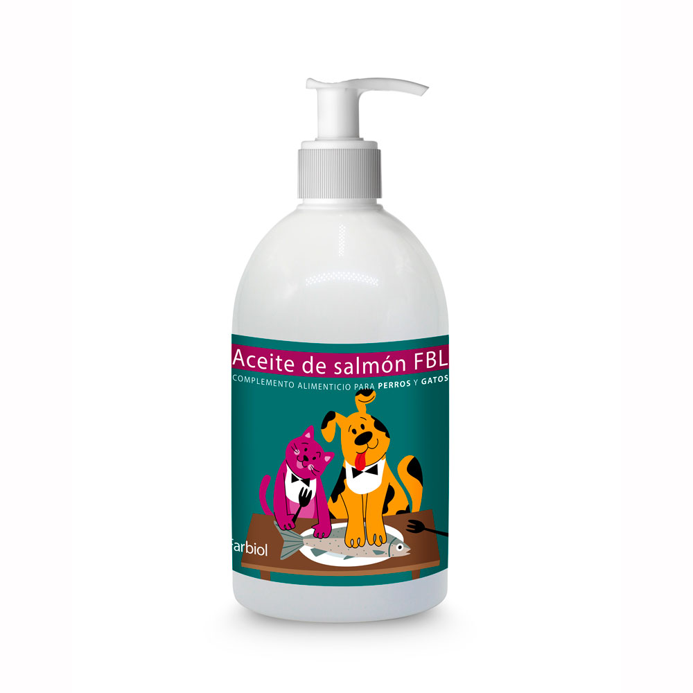 Frasco branco de plástico com doseador e etiqueta com ilustração de cão e gato ao lado de um peixe