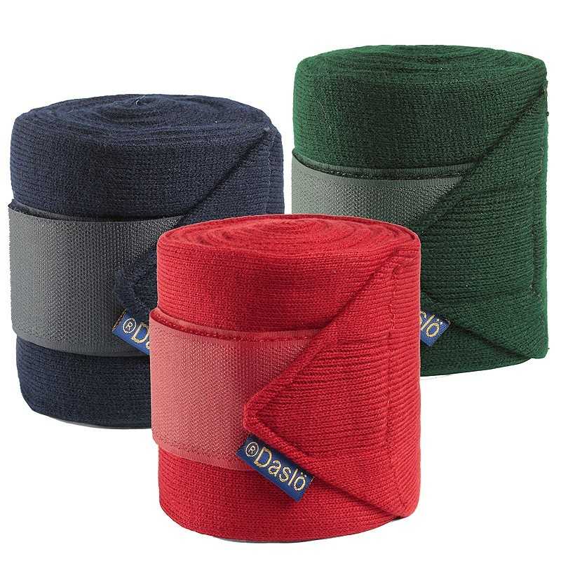 Três bandagens de tecido nas cores azul escuro, verde e vermelho com faixa elástica cinzenta e etiqueta 