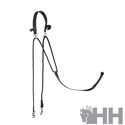 Cabeçada preta para cavalo com fivelas metálicas e logo HH cinzento