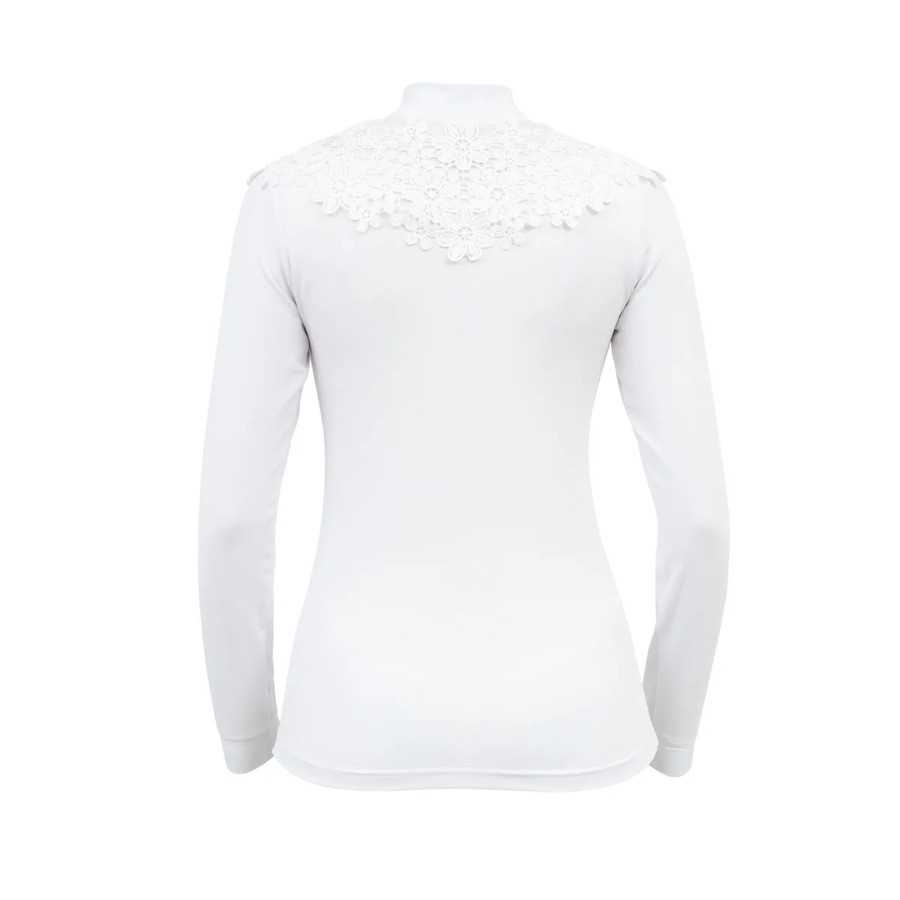 T-shirt branca de manga longa com gola alta e detalhe em renda nas costas