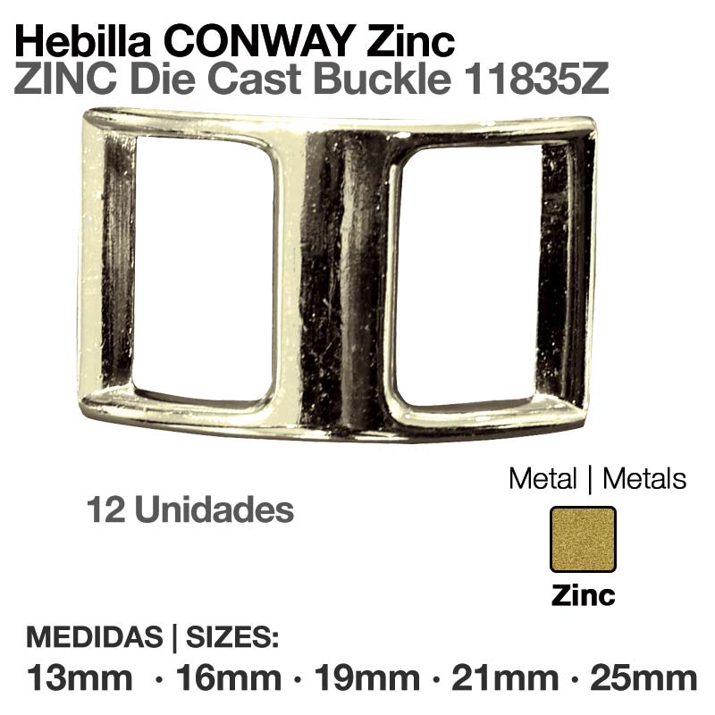 Fivela metálica de zinco CONWAY com duas aberturas quadradas e texto informativo ao redor.