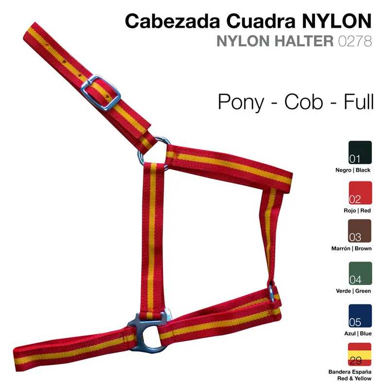 Cabeçada Cuadra nylon vermelho e amarelo para equinos com fivelas metálicas