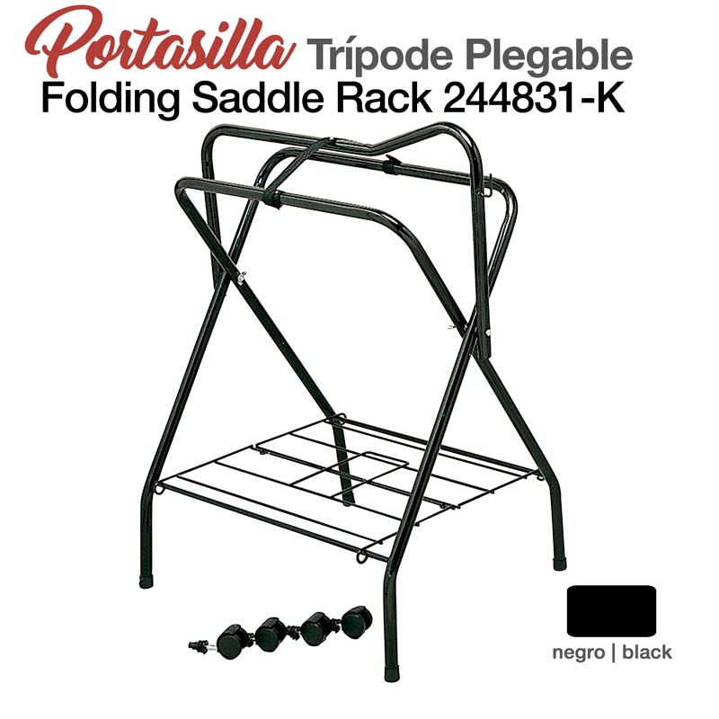 Portasilla trípode plegable metálico preto com rodas destacadas