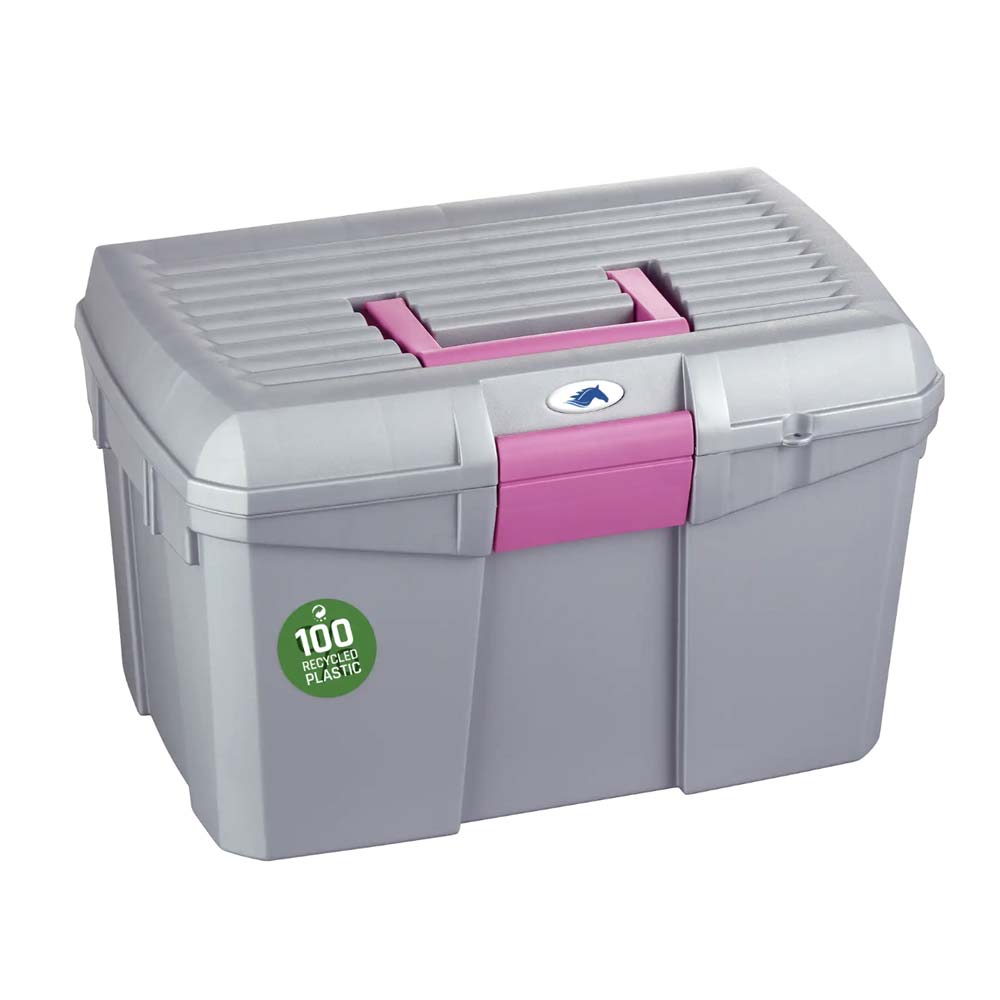 Caixa de arrumação cinzenta em plástico reciclado com alça e fecho rosa