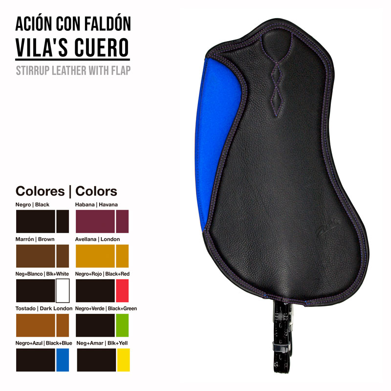 Estribo de couro preto com faldão azul e lista de cores