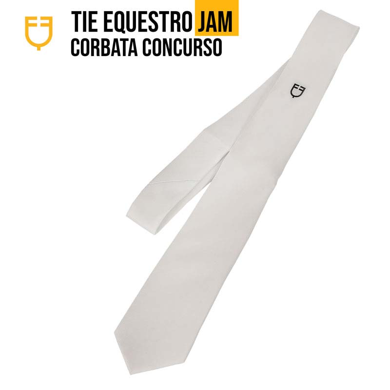 Gravata branca com logótipo preto e texto promocional ao lado
