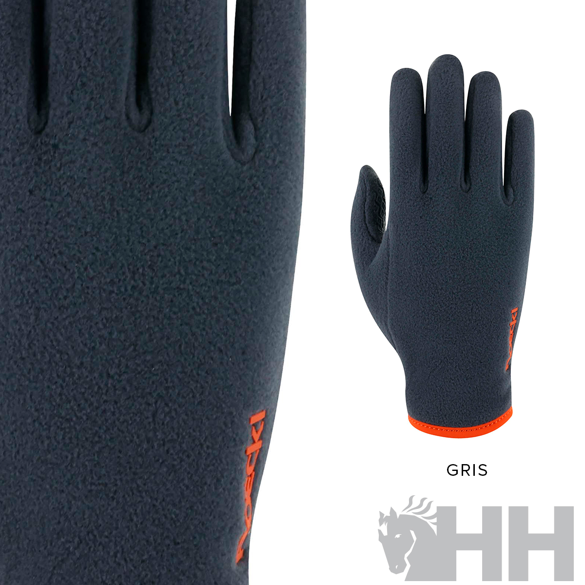 Luvas cinza de tecido fleece com borda laranja e logo HH