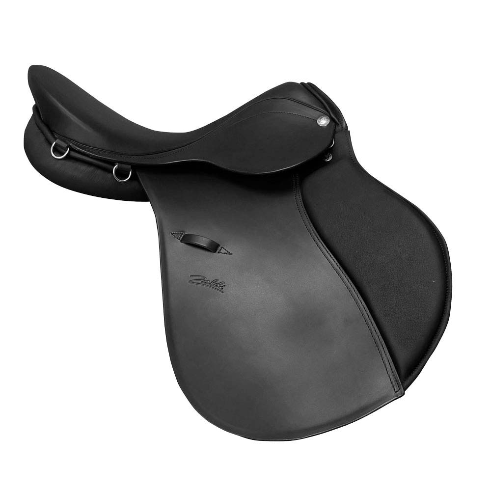 Sela de cavalo de couro preto com detalhes metálicos prateados