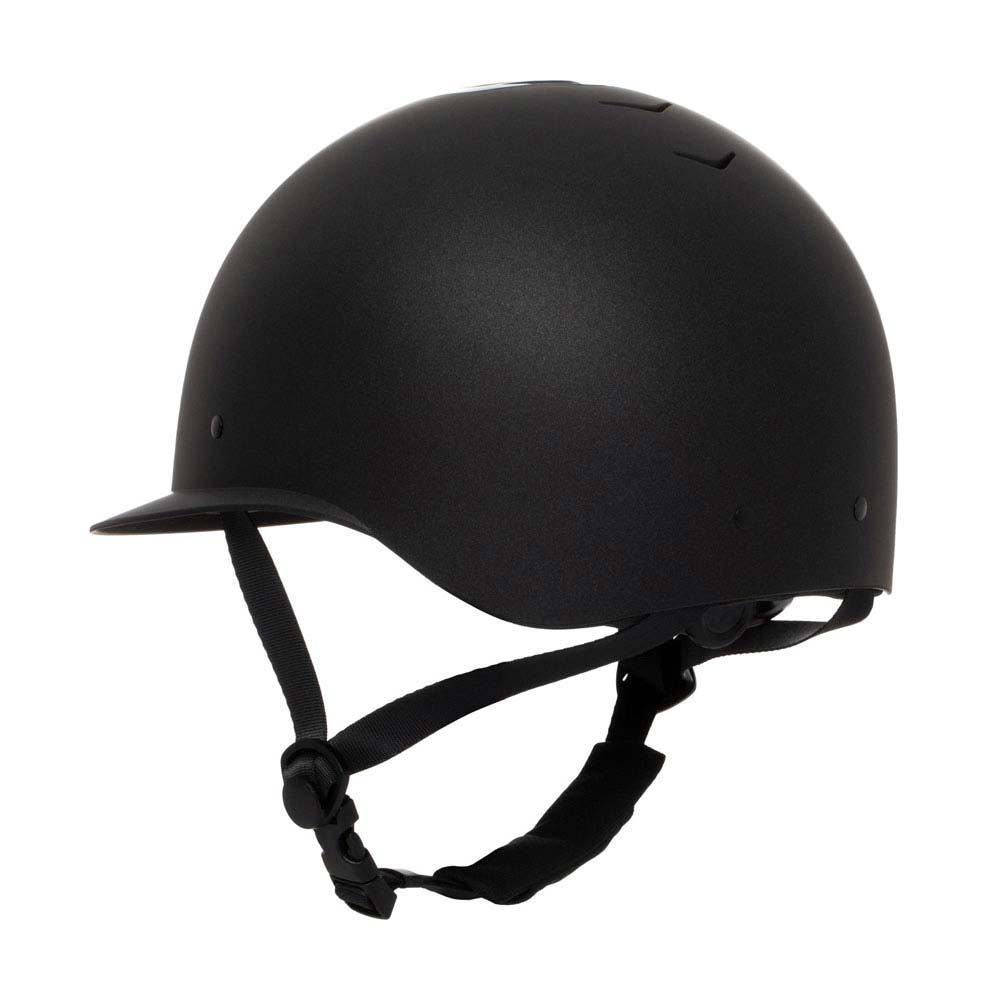 Capacete preto mate com correias ajustáveis e viseira pequena