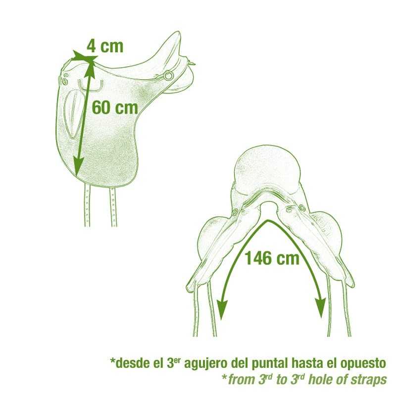 Sela de equitação verde com medidas e texto explicativo em espanhol e inglês