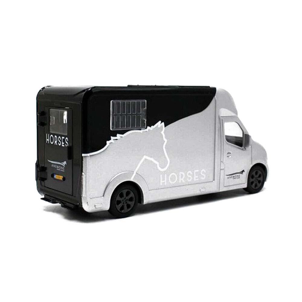 Camioneta preta e branca para transporte de cavalos com design de cavalo estilizado e texto HORSES