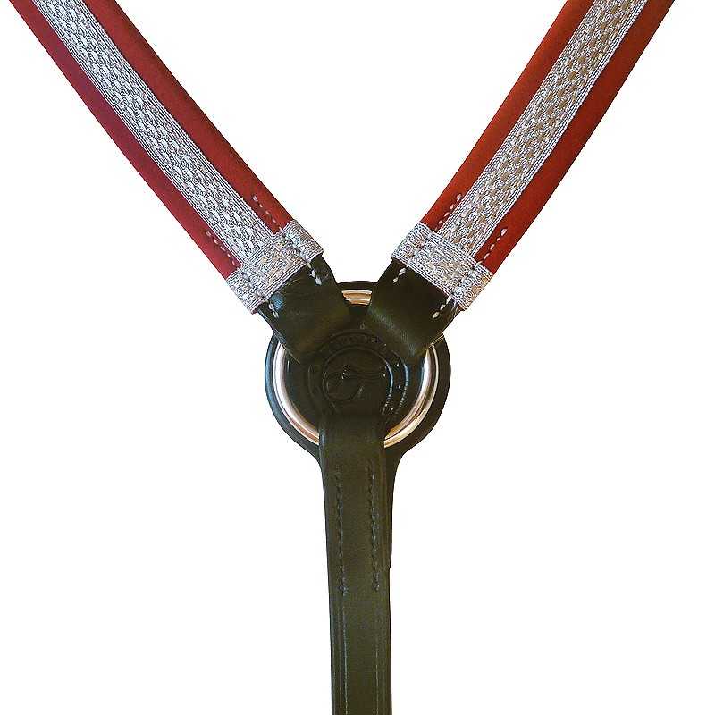 Suspensórios vermelhos com detalhes prateados e couro preto