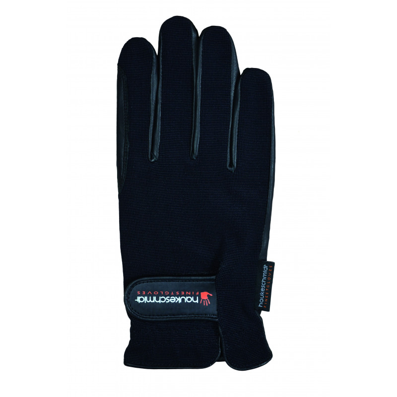 Luva preta de tecido e couro com etiqueta e fecho com texto houkeschmidt FINESTGLOVES