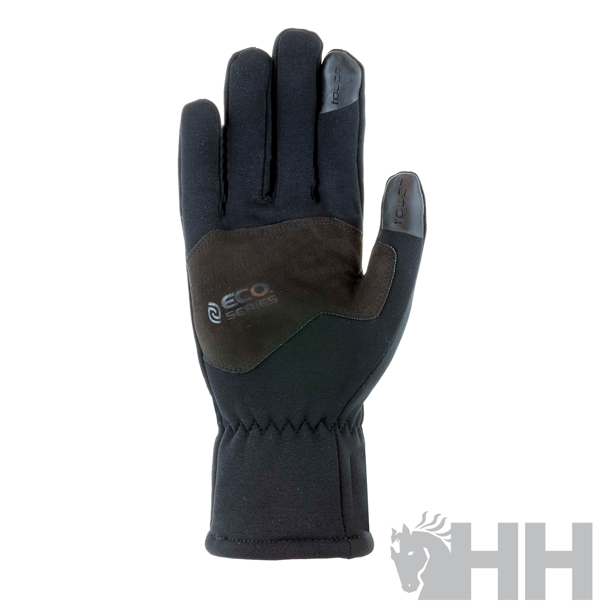 Luva preta com detalhes castanhos e texto ECO SECURITY