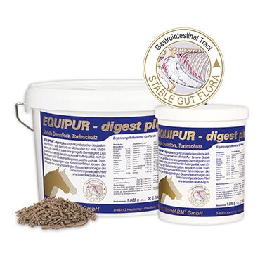 Baldes de suplemento Equipur digest plus com pellets marrons ao lado