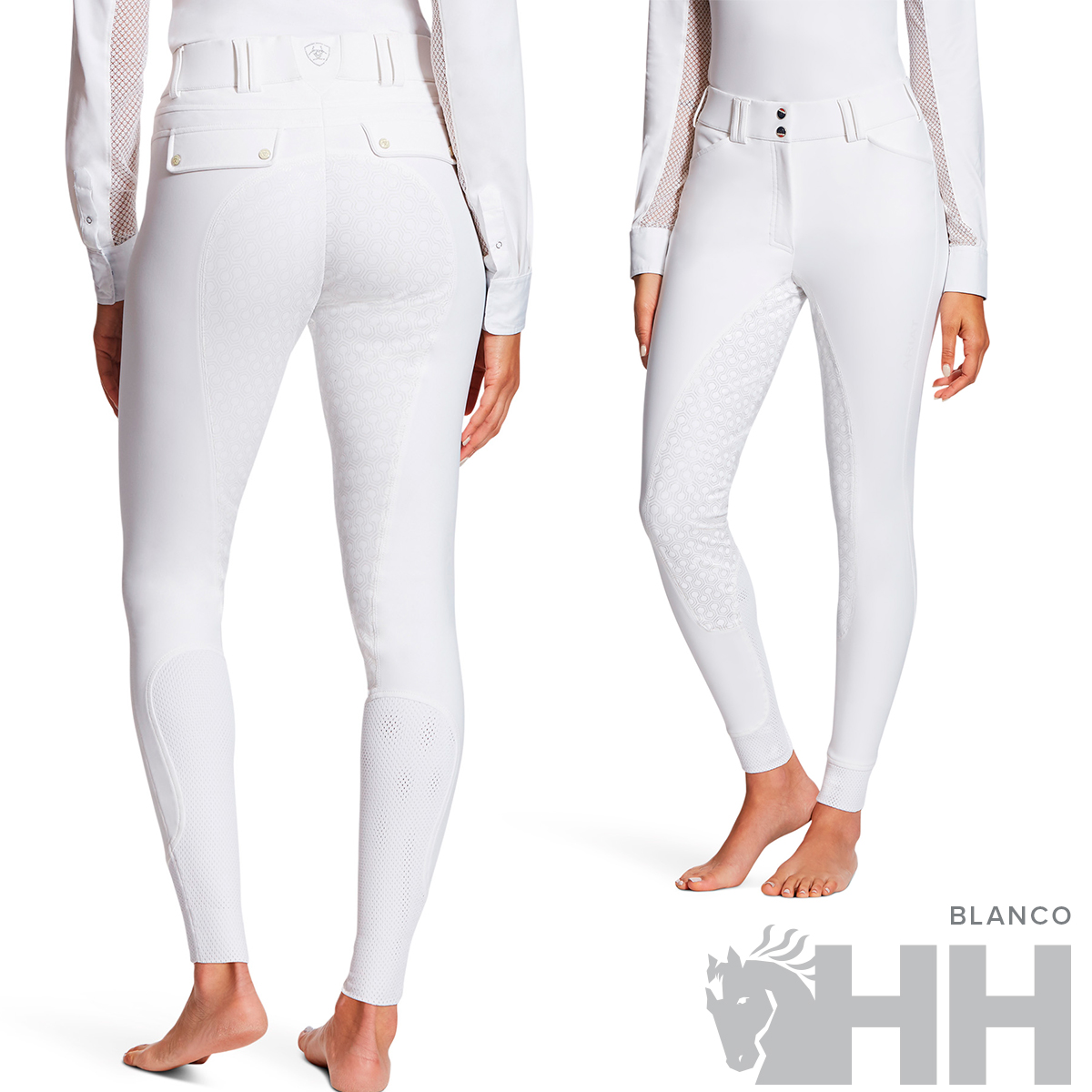 Calças justas brancas femininas com textura antiderrapante e bolsos