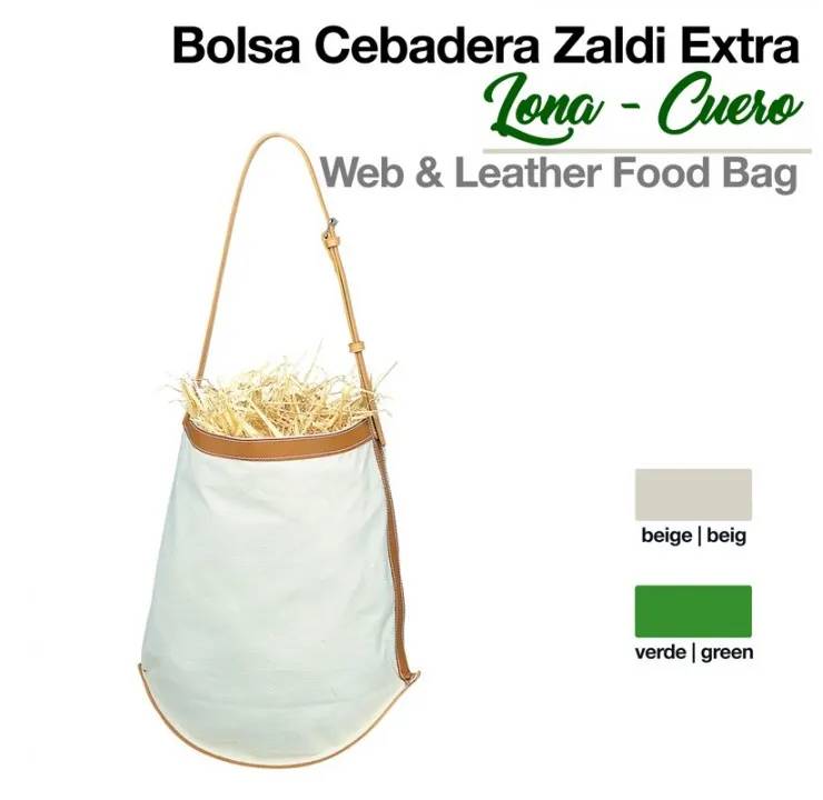 Bolsa de lona bege com detalhes em couro castanho claro e texto descritivo