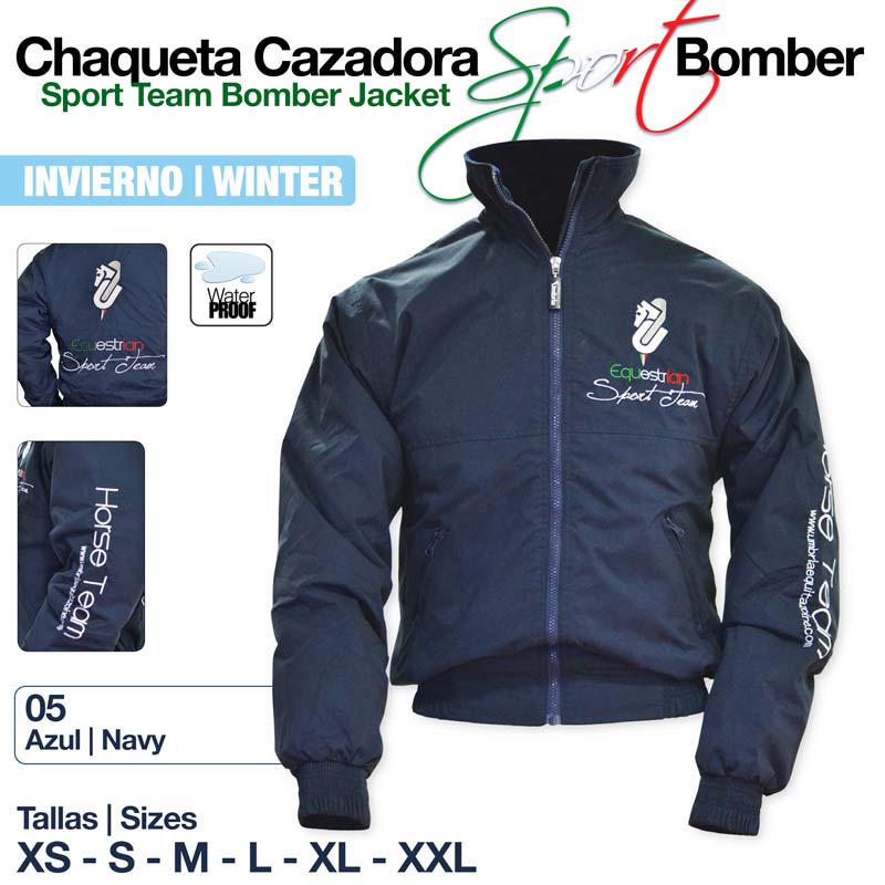 Casaco bomber azul escuro com texto Equestrian Sport Team e Horse Team, fecho de correr, para inverno