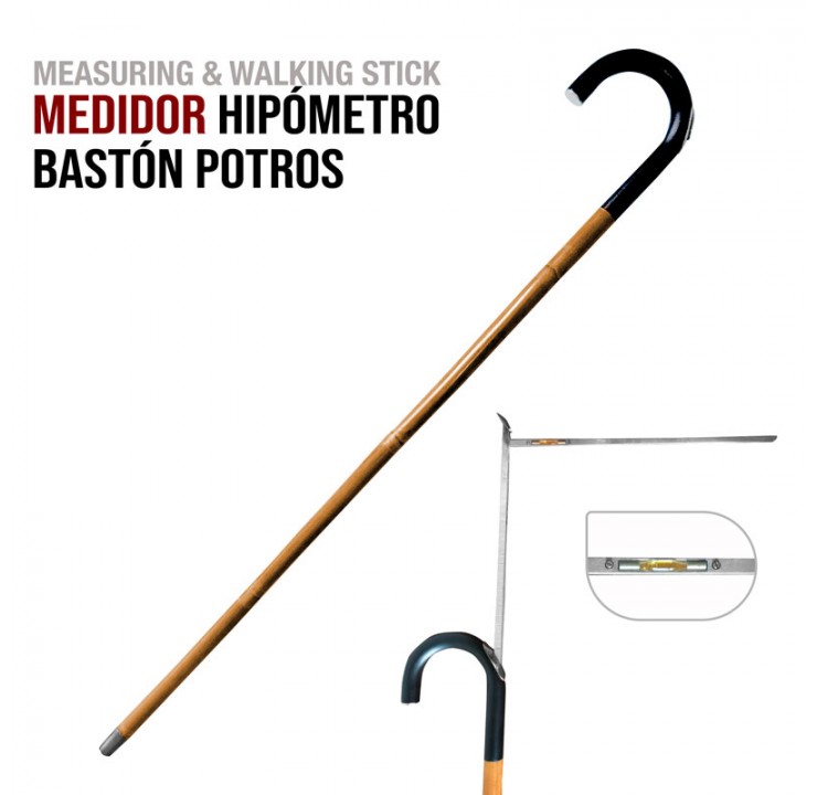 Bastão de caminhada em madeira com pega curva preta e nível incorporado