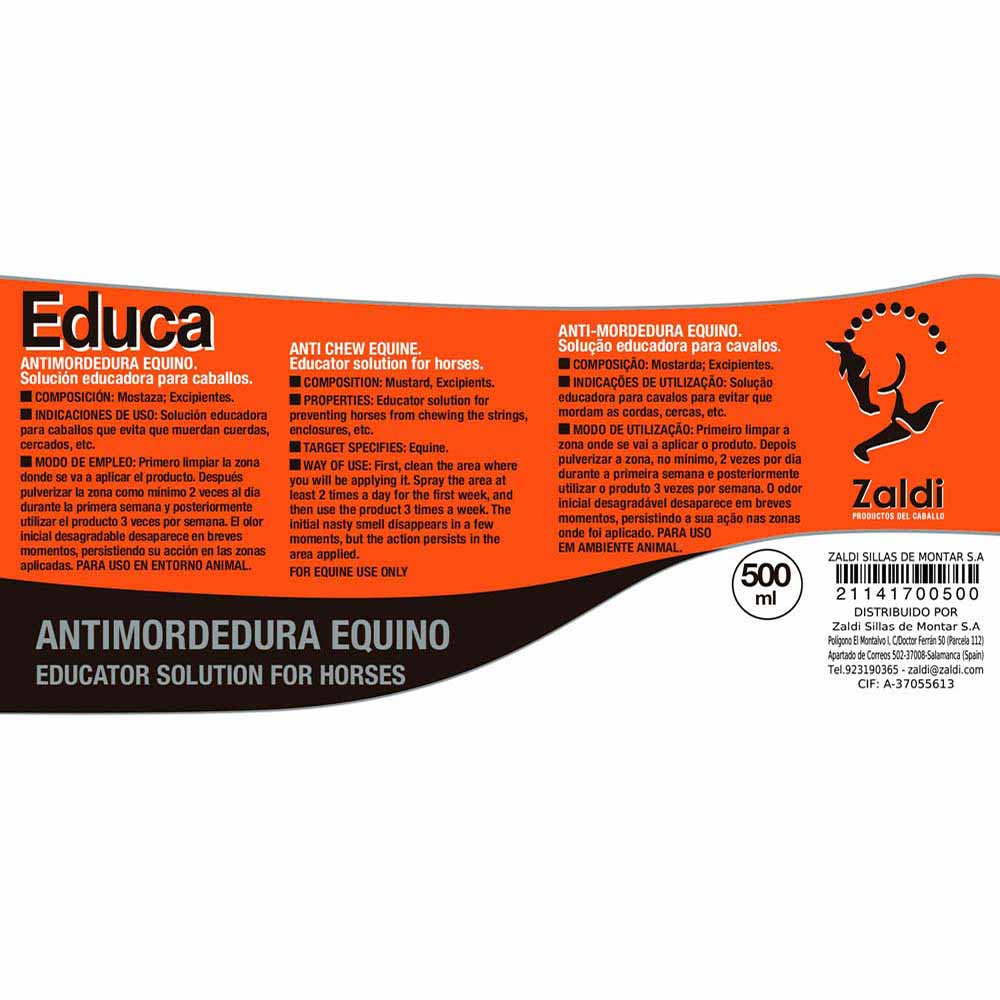 Etiqueta de produto antimordedura para cavalos Educa da marca Zaldi em fundo laranja e preto