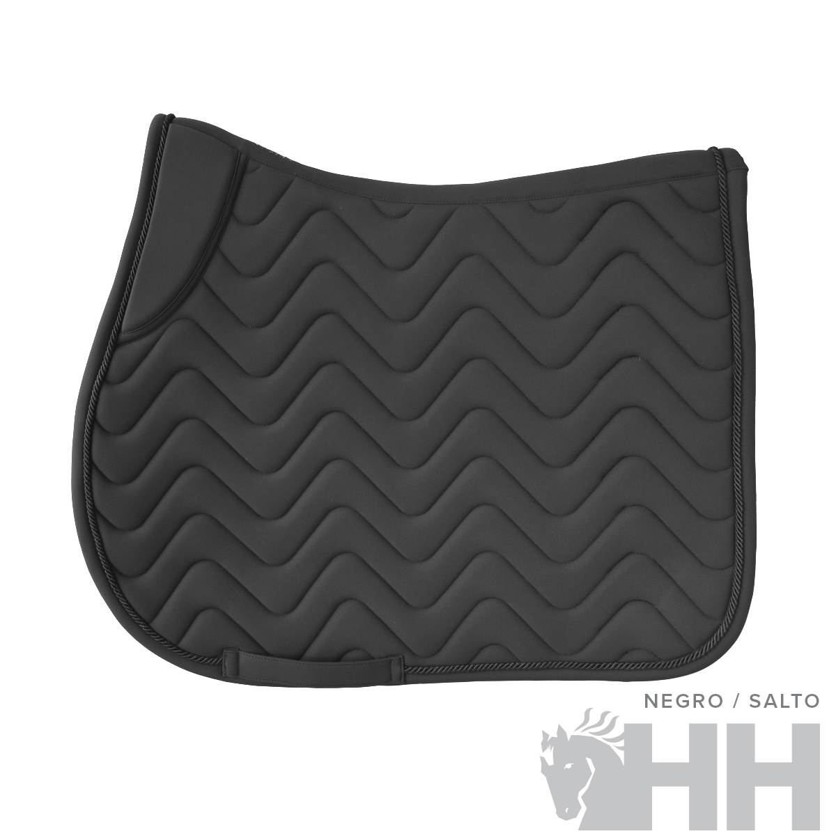 Tapete de sela equitação preto com padrão ondulado e etiqueta HH