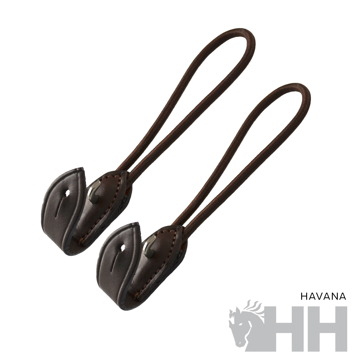 Puxadores de couro castanho escuro com cordão fino e costura visível, fundo branco, texto HAVANA HH