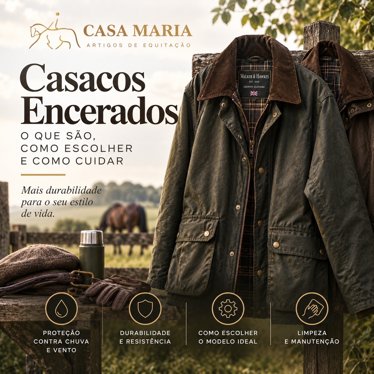 Casacos encerados castanhos pendurados em cerca de madeira com acessórios em cenário rural.