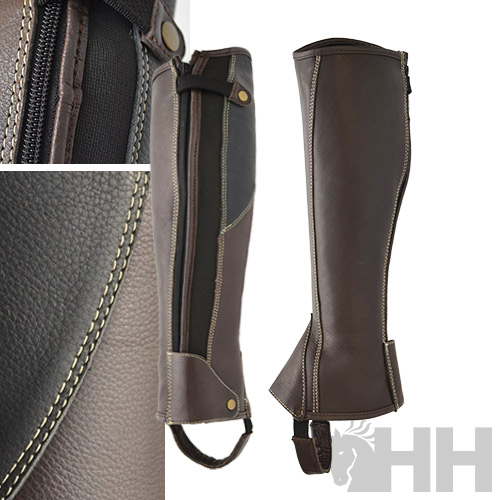 Perneiras castanhas em couro e tecido com fecho e costuras claras, logótipo HH cinzento