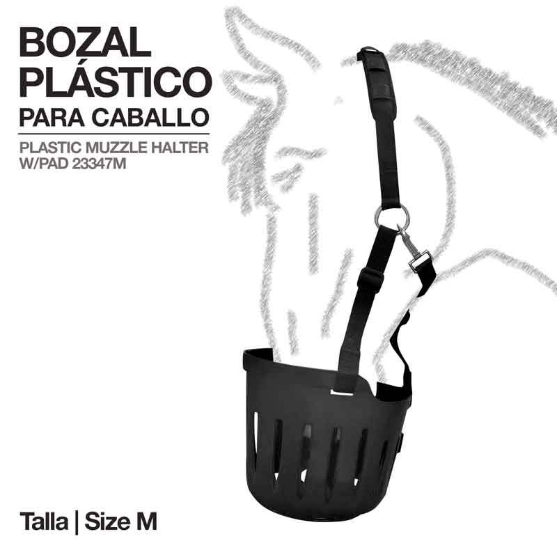 Bozal plástico preto para cavalo tamanho M com tiras ajustáveis e acolchoamento