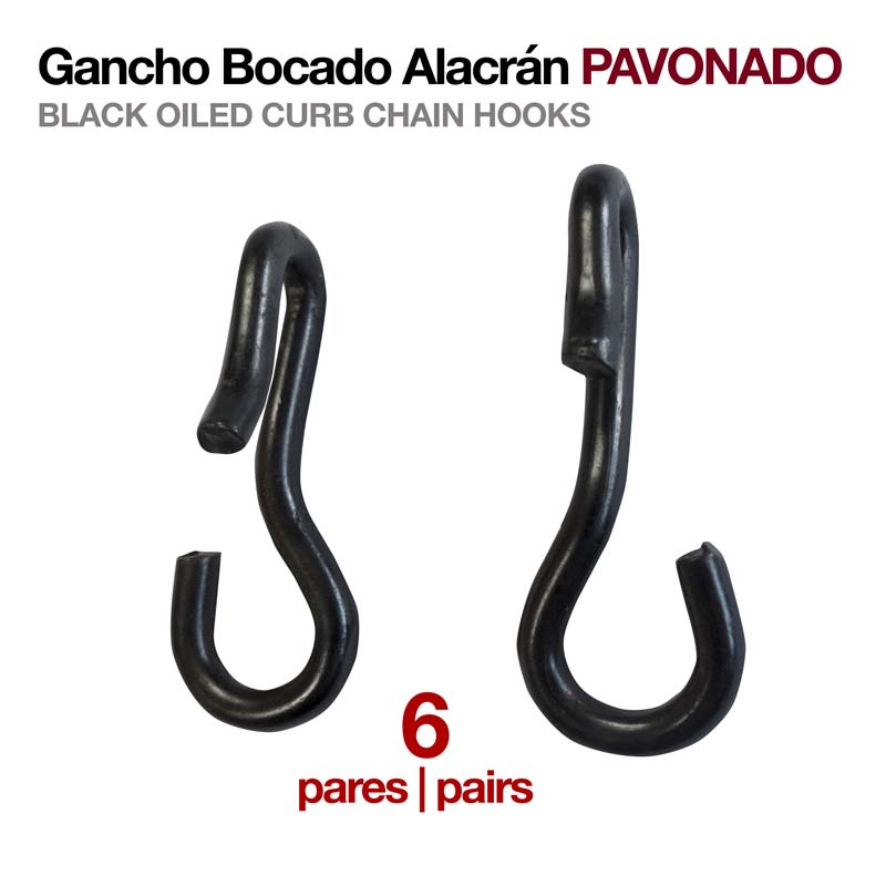 Gancho preto curvo em aço pavonado para corrente, dois ganchos exibidos, texto indicando 6 pares.