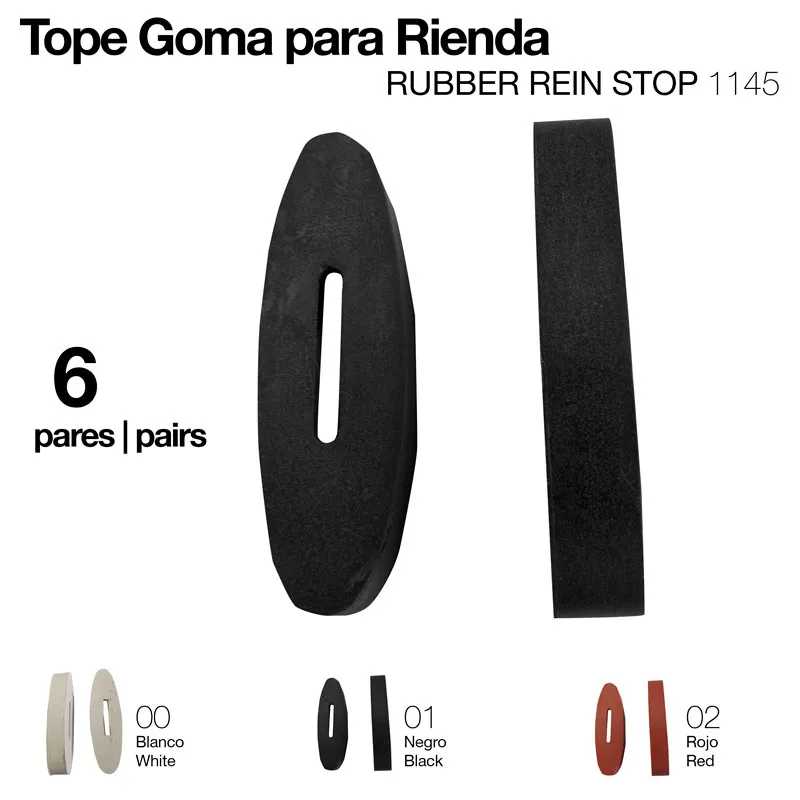 Tope goma para rienda em três cores, preto destacado, com texto e indicação de 6 pares.