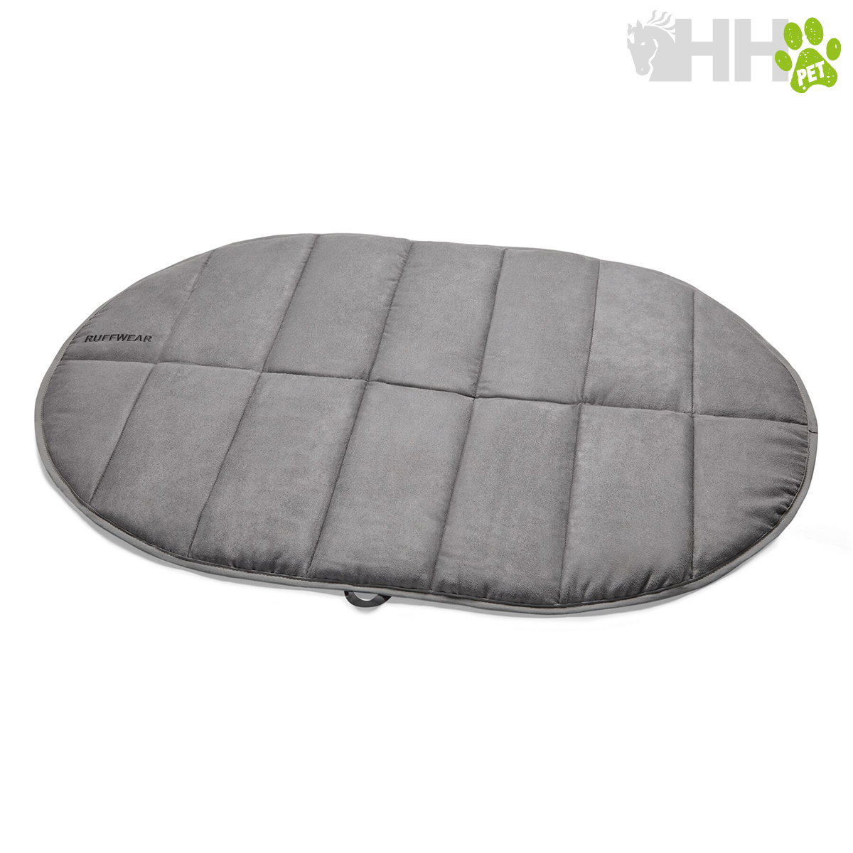 Colchão oval cinzento acolchoado para animais com a palavra PETCATION