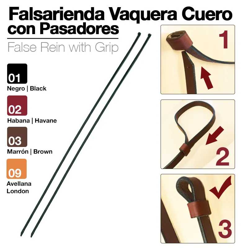 Falsarienda Vaquera Cuero com Pasadores em várias cores e instruções visuais.