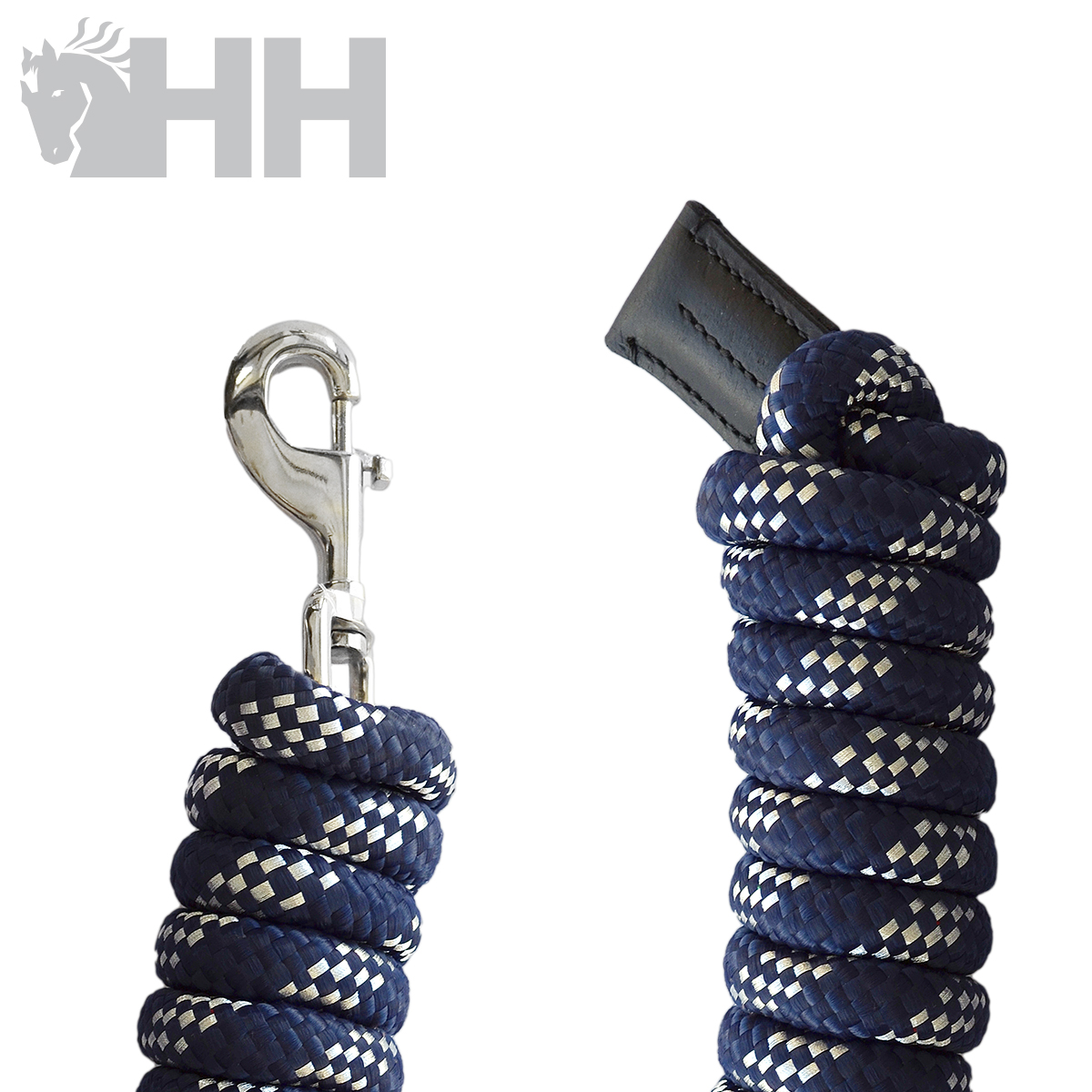 Corda azul escura com riscas brancas e gancho metálico