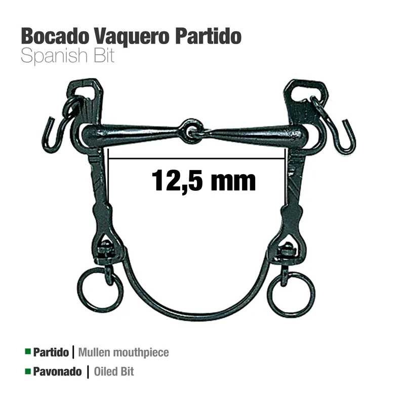 Bocado vaqueiro partido em aço inoxidável com texto explicativo em fundo branco