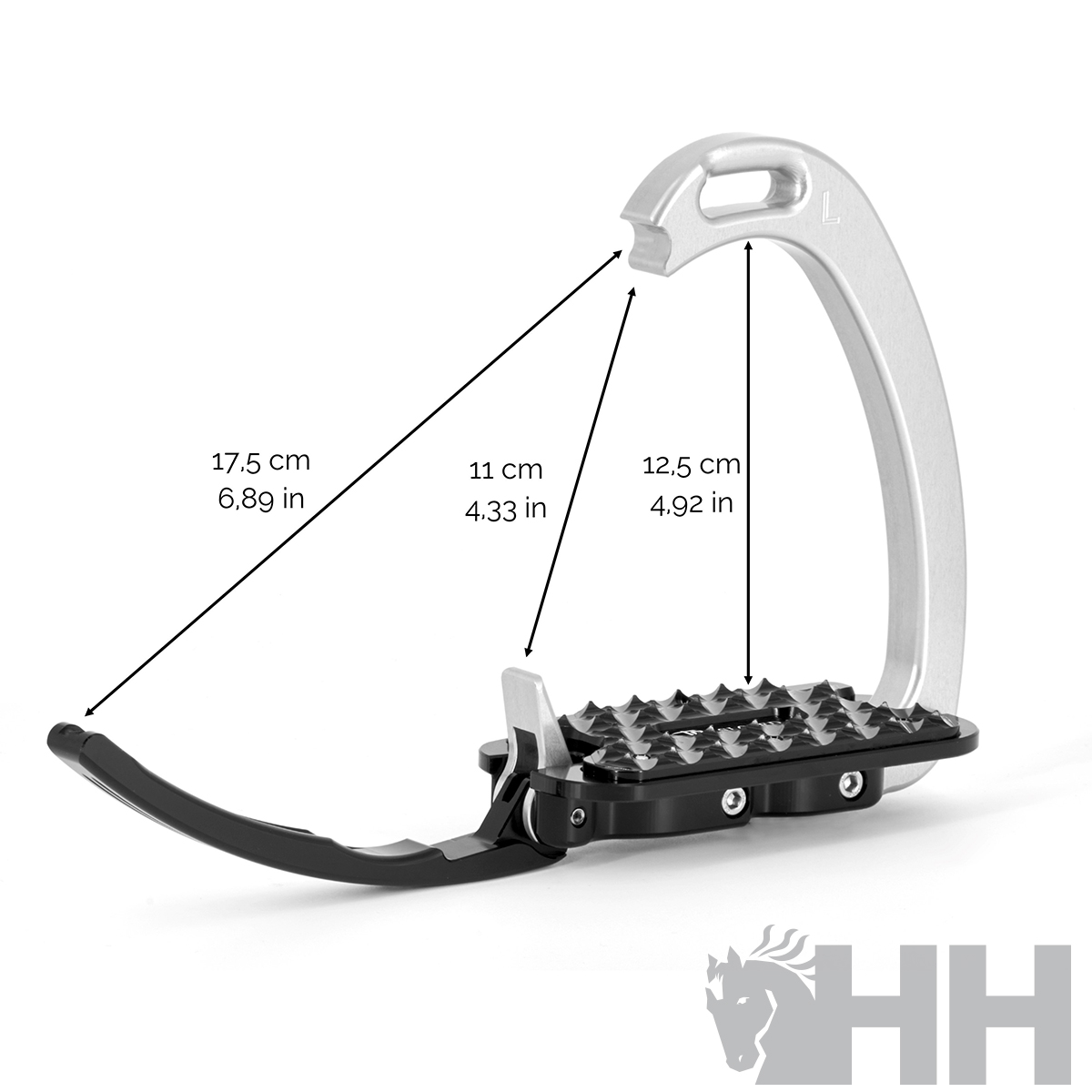 Estribo de montaria branco e preto com medidas indicadas e logótipo HH com cavalo.