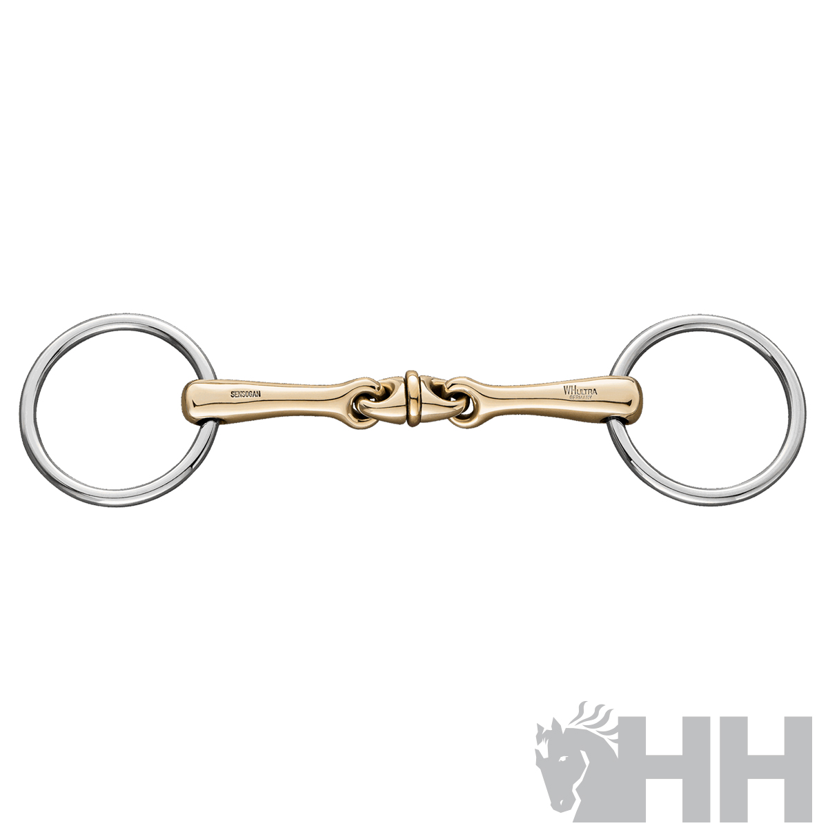 Peça metálica de equitação com argolas e parte central dourada