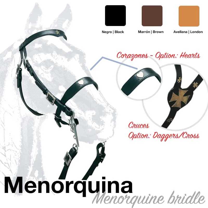 Menorquina de cabedal para cavalo em várias cores com decorações em corações ou cruzes