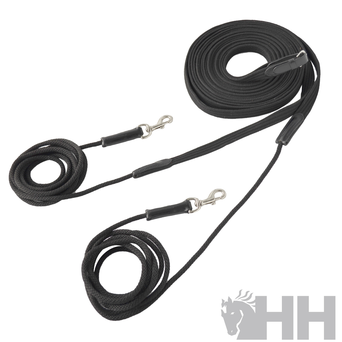 trela dupla preta em nylon com mosquetões metálicos e logótipo HH