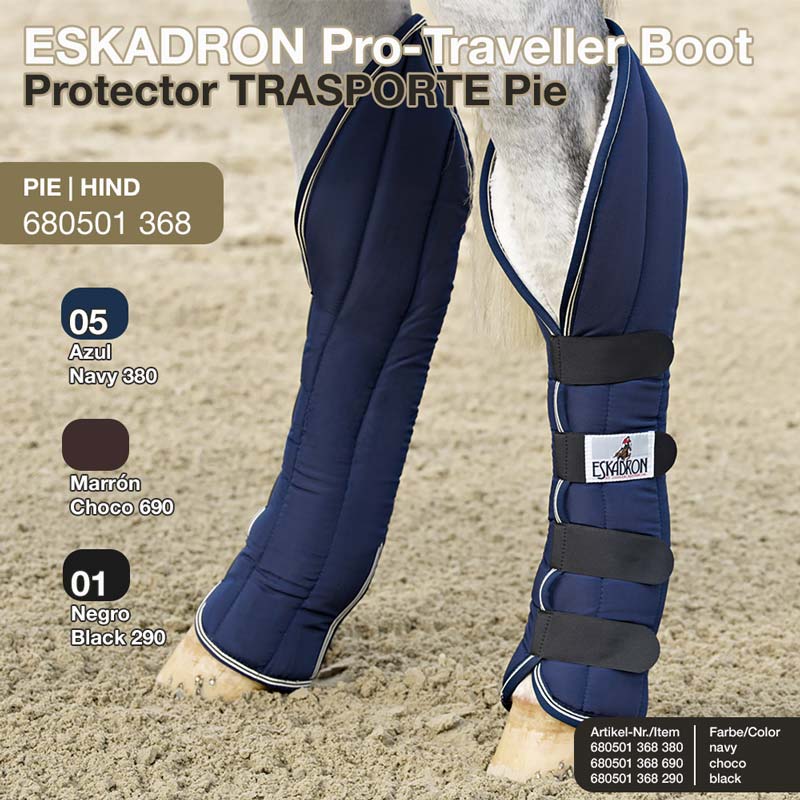 Protetor azul navy para patas traseiras de cavalo da ESKADRON com três tiras de velcro pretas