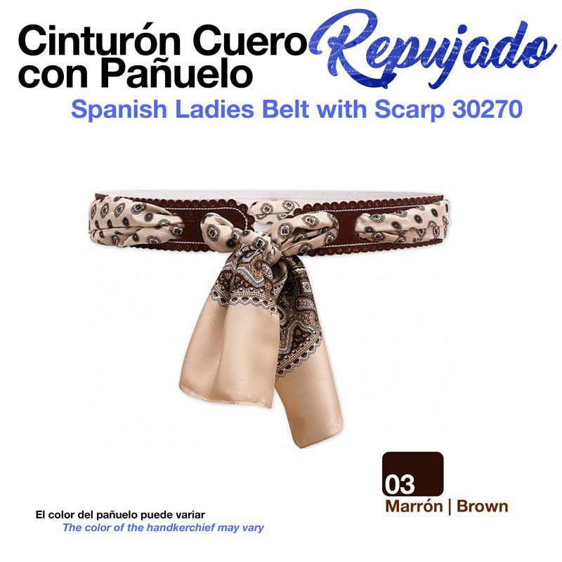 Cinto de senhora castanho com lenço estampado castanho e bege amarrado